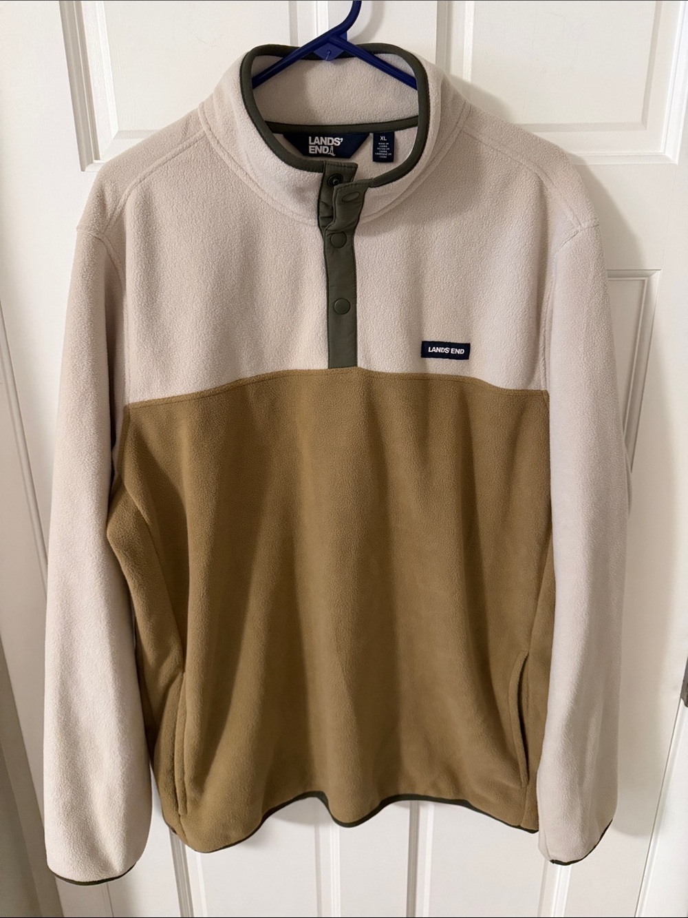 Lands' End Men's Heritage Polar Fleece Snap Neck Pullover Cream & Olive Green XL